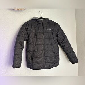 Eddie Bauer Reversible Jacket Youth Boys Large 14/16 Black Hooded Faux Fur